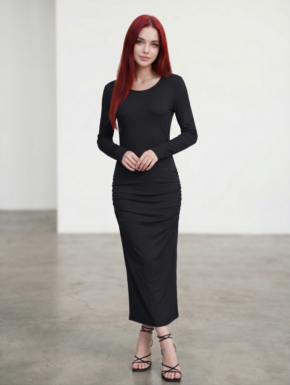 James Perse Black Ruched Midi Dress  NWT Long Sleeve Minimalist